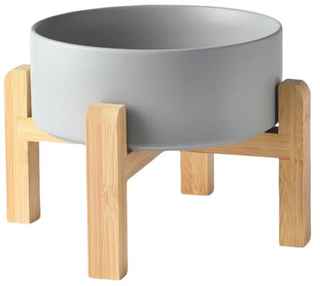 Welloyed Ciotola per cani rialzata in ceramica da 20,3 cm, ciotola per cibo e acqua per cani da 2000 ml, con supporto antiscivolo in bambù, lavabile in lavastoviglie e adatta al microonde, anti vomito