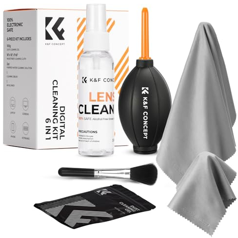 K&F CONCEPT Juego de Limpieza 6 en 1 para Objetivos de Cámara DSLR y Teléfonos Móviles, con 2 Paños Limpiadores 15x15cm, Bombilla de Aire, Líquido Limpiador, Lapicero para Objetivos