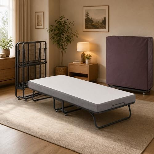 ACXIN Fällbar säng 90 x 200 cm gästsäng för vuxna – metallsängram med 13 cm minnesskummadrass, vikbar resesäng med hjul, kan belastas upp till 200 kg
