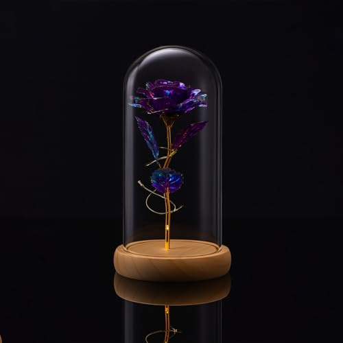 RecontraMago Rosa Eterna con Luz LED Personalizada – Regalo Día de la Madre Cúpula de Cristal y Base de Madera – Flor Artificial Multicolor Nombre o Dedicatoria – Detalle Emotivo para Mamá (Purpura)
