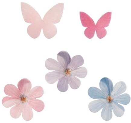 dekora - Set de decoraciones comestibles para tartas y cupcakes, mariposas y flores, sin azúcar, sin gluten, sin lactosa, 8 piezas, ideal para cumpleaños, bodas, gender reveal y baby shower