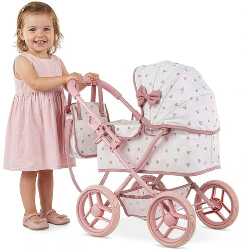Passeggino per bambole a partire da 2 anni, leggero e pieghevole, per bambole fino a 40 cm, con borsa e cestino inferiore, ruote EVA per interni ed esterni