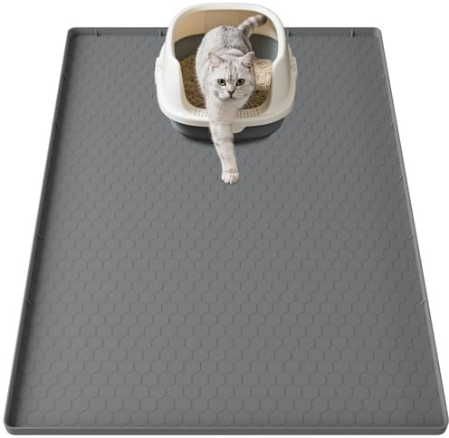 Pawinner XXL kattlådematta 86 x 56 cm, kattlådeunderlägg silikon, grå | Vattentät kattmatta kattlåda med kant, halkfri, lätt att rengöra, skyddar golvbeläggningen, grå