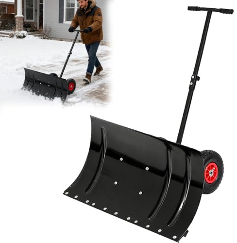 Solisburne snöskyffel på hjul, höjdjusterbar snösläde, bekvämt snöskott, snösköld 74 cm arbetsbredd, snöröjningsverktyg för vinter, svart, ett handtag