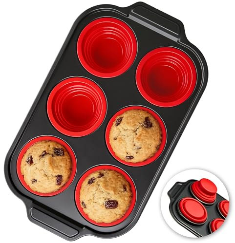 HE-SANQI Silicone Muffin Pan for Baking with Metal Reinforced Frame - 6 Cups Regular Size Cupcake Pan Muffin Tins Egg Bite Molds - Nonstick, Easy to Pop, Bakeware for Oven, BPA Free (6-Cups Red)