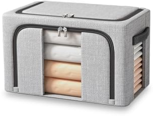BOUDOI Clothes Storage Boxs with Lid,Fabric Storage Box with Double opening Zips&Two Windows,24L Foldable Oxford Cloth Steel Frame,Waterproof Wardrobe Storage Organiser for Bedding,Blankets,Duvet