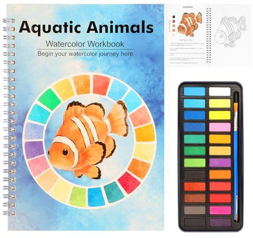 Carnet de travail aquarelle mer avec 24 couleurs et pinceaux – Carnet de travail aquarelle avec 12 motifs océans, livre de coloriage aquarelle pour adultes débutants, livre de coloriage à l'eau avec