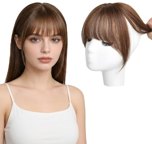 ARYIMYDP Flequillos Postizos, Clip en, Francés, Limpio con Patillas, Cobertura 360° 3D, Cosido a mano, Ideal para cabello fino, Cabello Real para Mujeres (Marrón Claro)