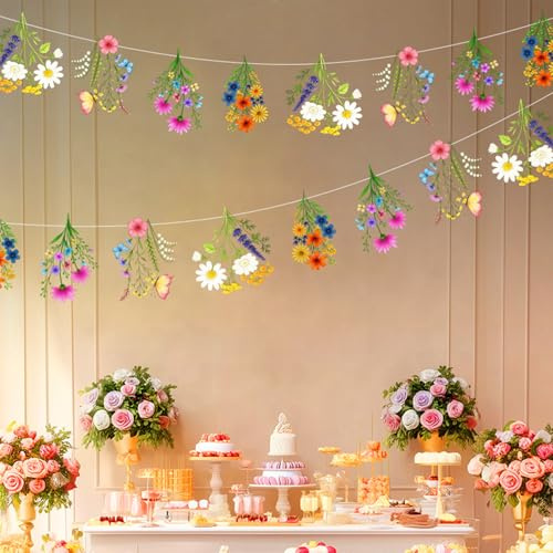 FOSDICK 2 Piezas Guirnalda Flores, Coloridas Flores Silvestres Banderines Decorativos, Primavera Flor Guirnaldas de PVC, Banderines Florales para Cumpleaños, Bodas, Baby Showers, Fiestas en Jardín