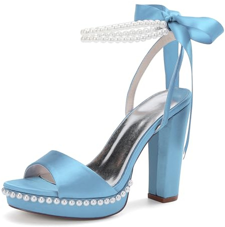 LRMYMHY Escarpins Femmes Plateforme Chaussures de mariée Peep Toe Talon Haut Chunky Satin Chaussures de Mariage,Sky Blue,35 EU