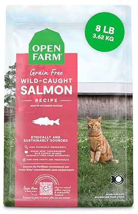 Open Farm, Grain Free Dry Cat Food, High-Protein Kibble for a Complete & Balanced Diet, Non-GMO Fruits & Vegetables, Prebiotic Fibers to Support Digestion, Wild-Caught Salmon Recipe, 8lb Bag