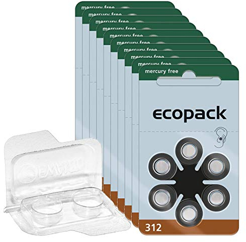 60x ecopack Hörgerätebatterien 312 (Braun), 10x6er Blister 1,4V + Aufbewahrungsbox für 2 Hörgerätebatterien (10, 13, 312, 675), transparente Batteriebox