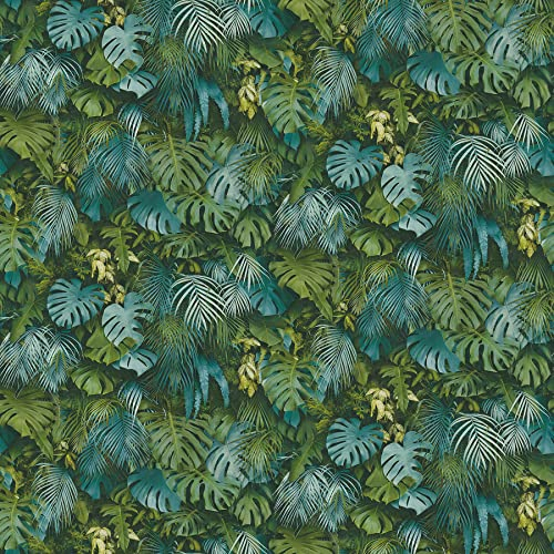 A.S. Création Papier Peint Intissé Greenery - Effet Jungle, Motif Palmier, 10,05 m x 0,53 m, Vert Bleu, 372803 37280-3