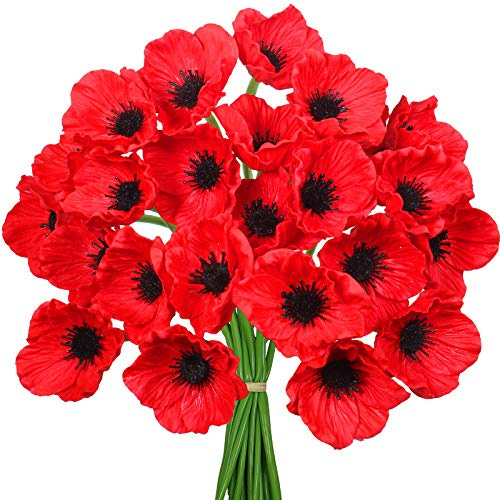 Winlyn 24 pcs Artificial Red Flower Stems PU Real Touch Flower Fake Flowers in Red with Black Center 11.6 Tall for Wedding Bouquets Corsages Centerpiece Floral Arrangements