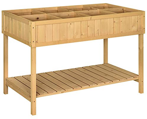 Outsunny Planteringskruka på fyrkantiga ben köksträdgård med hylla sön 110 L x 46 l x 76 cm 8 fack & bevattningsinsatser gran trä