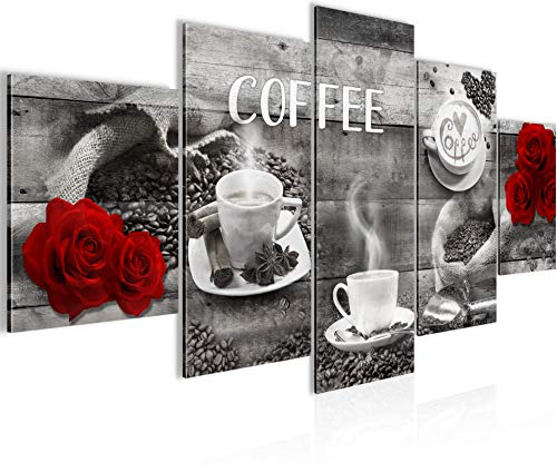 Runa Art Wandbilder Kaffee Küche 5 Teilig Bild auf Vlies Leinwand Deko Esszimmer Küchenbilder Kaffeetasse Grau Rot 027152c