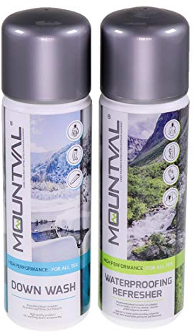Mountval Daunen-Waschmittel Down Wash und Mountval Waterproofing Refresher einwaschbare Imprägnierung für mit Daunen gefüllte Schlafsäcke, Outdoor- & Wanderkleidung