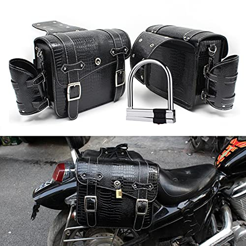 Krtopo 1 Pair Motorcycle Side Saddlebags PU Leather Waterproof Rear Seat Saddle Bag Travel Tool Tail Luggage Black with Water Bottle Bag and Lock