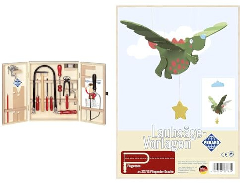 Pebaro Öko-Laubsägeschrank - ohne Kunststoff für umweltbewusste Bastler, Laubsäge und Werkzeuge aus Stahl, insgesamt 24 Teile platzsparend im Holzschrank & 377/1S Papeterie & Sticker, DIN A4