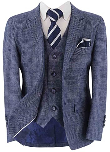 Boys' Matching Retro Check Tweed Suits Tailored Fit 3 Piece Set in Blue, Age 11 Years