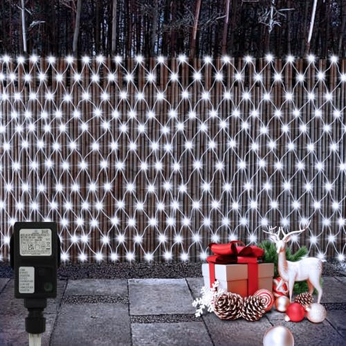 CCILAND 3x2m Christmas Net Lights Outdoor Mains Powered - 200 LED Mesh Light Plug in, 8 Modes 30V Low Voltage Garden Bush String Lights for Shrub Fence Backyard Patio Lawn Window (Cool White)