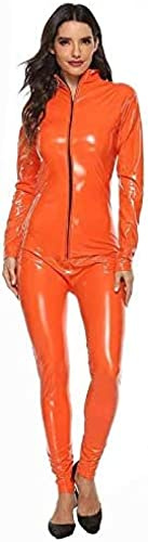 Women Patent Leather Bodysuit Sexy Clubwear Bodysuit Adult Cosplay Costumes Motorcycle Dancewear,Orange,Large