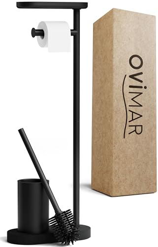 ovimar Set da toilette in piedi 3 in 1 Tysnes in nero | Set da toilette con spazzola in silicone, portarotolo e porta smartphone | Molto salvaspazio | organizzatore per il bagno in acciaio inox