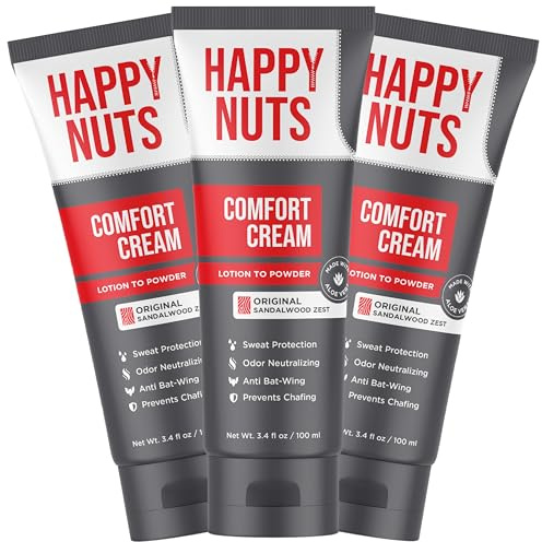 HAPPY NUTS Comfort Cream Deodorant For Men: Anti-Chafing Sweat Defense, Odor Control, Aluminum-Free Mens Deodorant & Hygiene Products for Men's Private Parts 3.4 oz.(3 Pack, Original)