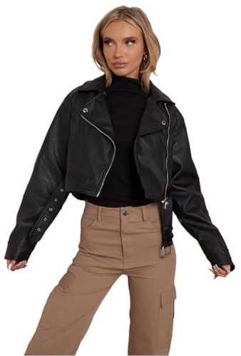 Janisramone® Veste en Simili Cuir PU pour Femme, Vestes Courtes pour Femme avec Ceinture et Fermeture éclair, Veste de Moto pour Femme avec Manches Longues et Poches, Vestes Courtes pour Femme