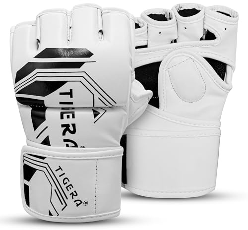 TIGERA Gants de MMA pour hommes et femmes, gants de sac d'arts martiaux, gants de kickboxing avec palmes ouvertes, gants de boxe pour sac de punching, sparring, Muay Thai, MMA (blanc, L/XL)