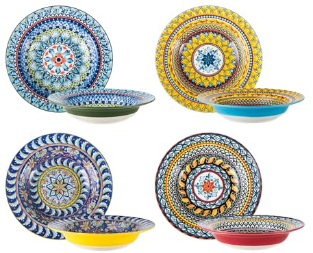 HENXFEN LEAD Suppenteller Porzellan, 4er Set Suppenschüssel 550ml, Pastateller mit breitem Rand für Salat, Suppe, Müsli, Pasta - Bohemian Style
