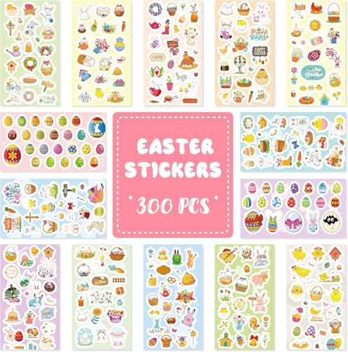 AUXHCYL Easter Stickers for Kids - Over 300 Happy Easter Bunny Stickers for Party Bag Fillers, Self Adhesive Sticker for Scrapbooking, Crafts, Decorating Cards Gifts - Rabbit Egg Chick Sticker
