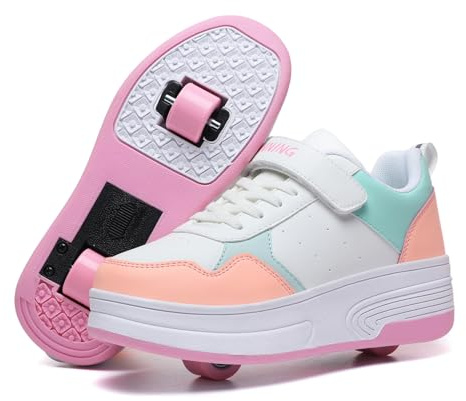 HSQ Roller Skate Shoes for Girls Kids Detachable Wheeled 2 in 1 Skating Shoes with Wheels Fashion Sneaker Ages 5-8,8-12 Size Big Kid 4
