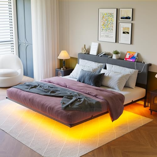 HOMERECOMMEND lit double, 140 x 200 cm, effet visuel flottant, éclairage LED, cadre double, 140 x 200 cm, rangement intégré, tête haute, gris foncé