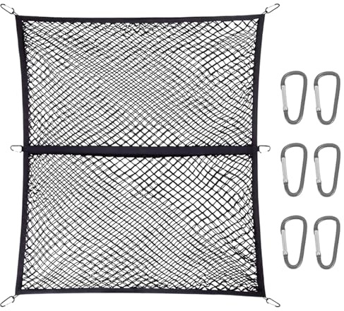 Bekasa mycket elastiskt bagagenät, dubbla lager, lastbils-säng-förvaring, töjbar upp till 210 x 210 cm, bagagelät, bagagenät, bil med 6 karbinhakar av stål, nät för pickup, lastbil, SUV(1,2 x 1,2 m)