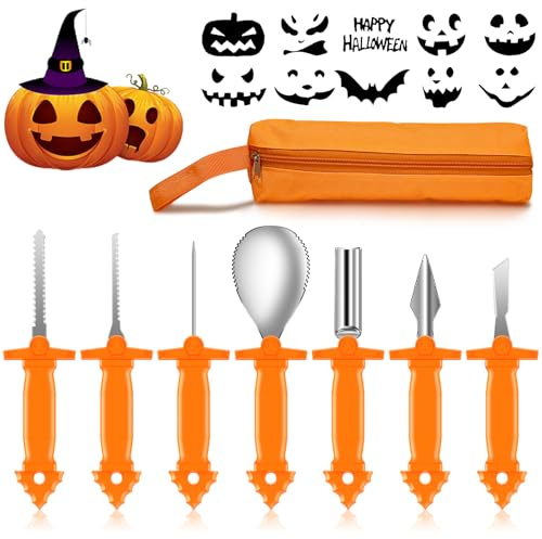 Kerizher Halloween Pumpkin Carving Set, Stainless Steel Pumpkin Carving Tools Kit with Stencils for Kids & Adults, Safe Reusable Knives for Halloween Decorations