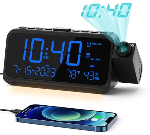 ROCAM Projection Alarm Clock for Bedroom Ceiling, Digital Clock with 180° Projector with 5-Level Dimmer, Dual Loud Alarm with Weekend/Weekday Mode, Date, Temp, Humidity, Night Light, DST, Snooze