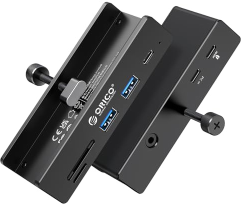 ORICO USB 3.2-hubb, 10 Gbit/s, USB-hubbklämma med USB-C PD-port, 60 W, 7 portar USB-distributör med 2 typ A 3.2 och 1 typ C 3.2, SD/TF 3.0, AUX, 2 i 1 100 cm kabel per bildskärm, skrivbord