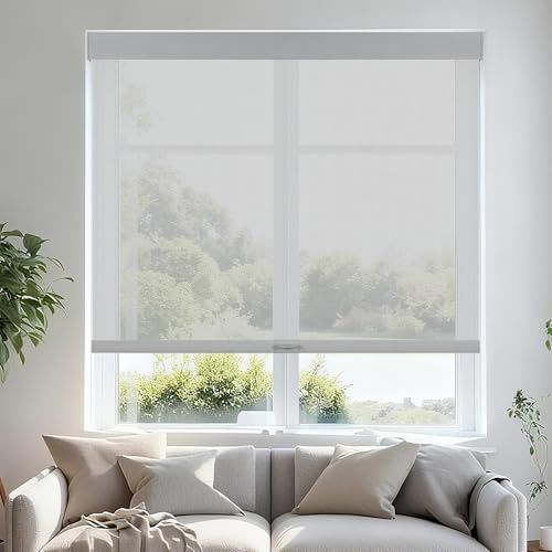 Persilux Free-Stop Cordless Roller Window Shades Light Filtering Roller Shades 5% Openness Woven Solar Blinds, Thermal Insulated Solar Shades for Sliding Glass Doors Office Home 29 W x 72 H, Grey