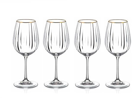 DIAMANTE Crystal Wine Glasses with Gold Rim, Mirage Gold, Optical Wave Pattern, 350ml, Set of 4