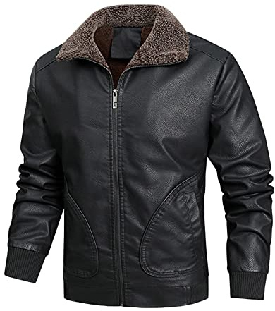 Fleecejacka herr utomhus, läderjacka herr vinter pilotjacka varm fodrad bikerjacka enfärgad motorcykeljacka med ficka utomhusjacka lätt vinterjacka revers softshelljacka bekväm, svart, XXL