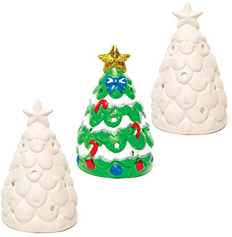 Baker Ross AC3262 Christmas Tree Ceramic Tealight Holders — Ideal for Kids' Arts and Crafts, Gifts, Keepsakes and More (Pack of 3), Assorted