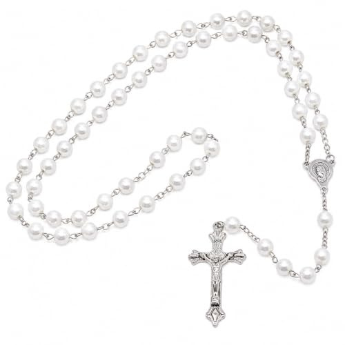 Catholic Rosary with 8mm White Glass Beads, Silver Tone Chain and Crucifix, Traditional Prayer Beads for Daily Devotion and Meditation