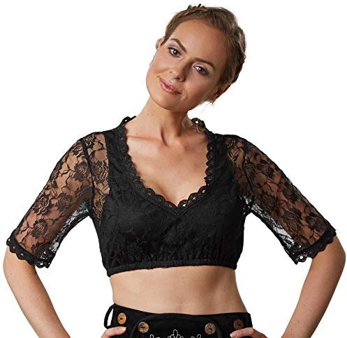 dressforfun 900597 Dirndl-blus, halvlånga ärmar, blommigt spetsmönster, svart, oktoberfest-festival – olika storlekar (S| Nr. 303085)