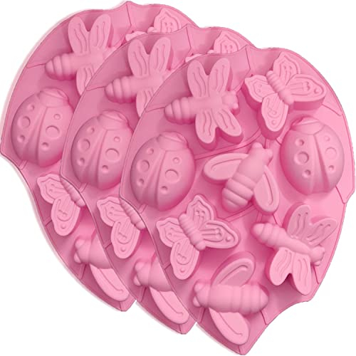 3 Stück Silikon Schokoladenformen, VEINARDYL 24-Kavität Insekt 3D Muffinform Küche Gebäck Backform für Fettbombe Kuchen Süssigkeit Cupcake Seife Kerze - Pink