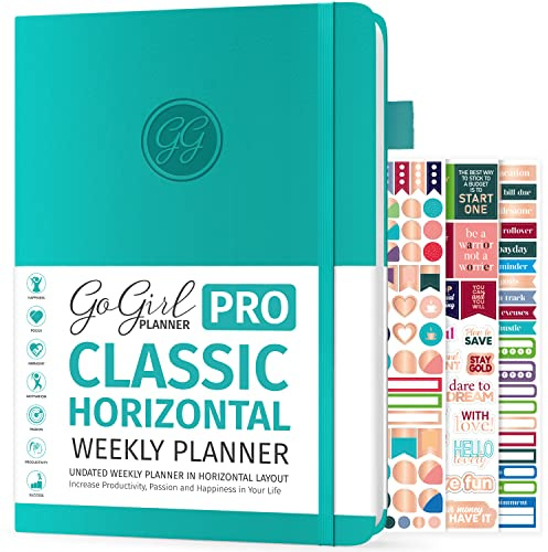 GoGirl Planner PRO - Undated Horizontal Layout Weekly Planner and Organizer + Budgeting and Expense Tracking Pages, Goals Journal & Agenda, 18 x 25.5cm, Hardcover, Lasts 1 Year - Turquoise