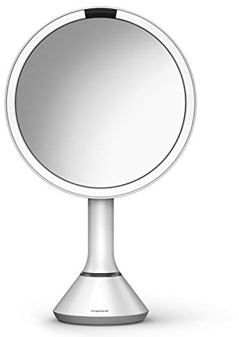simplehuman ST3054 20cm Sensor Mirror with Touch-Control Brightness, Light Up Makeup Magnifying Mirror, 5x Magnification, LED Tru-Lux Light, Dual Light Setting, Rechargeable, White Stainless Steel