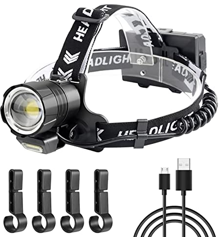 WholeFire 13000 Lumens LED Stirnlampe Super Bright USB Wiederaufladbar, XHP90 Zoomable 4 Modi Kopflampe mit COB Licht & Leistungsanzeige & Portable Charging Function für Camping Notfall