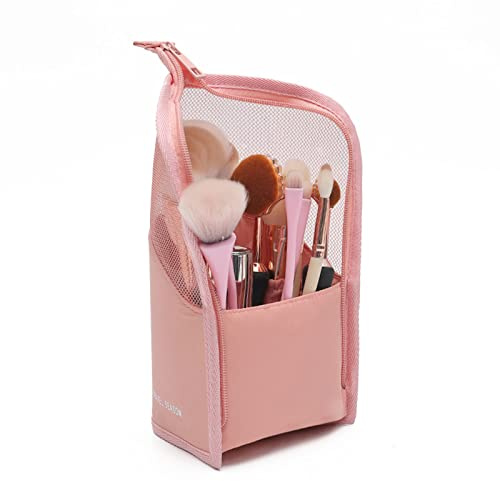 Linsiter Makeup Brush Travel Case Stand Up, High Capacity Makeup Organizer Portable Travel Makeup Brush Holder (Pink)