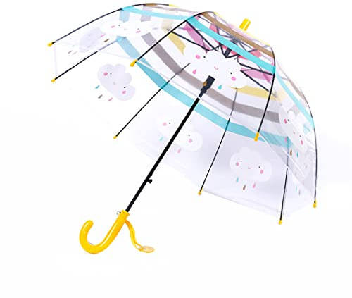 ThreeH Jungen Mädchen Bubble Regenschirm mit gebogenem Easy Grip-Griff Automatischer transparenter Kuppelschirm mit niedlichen Cartoon-Regenbogenwolken,Gelb